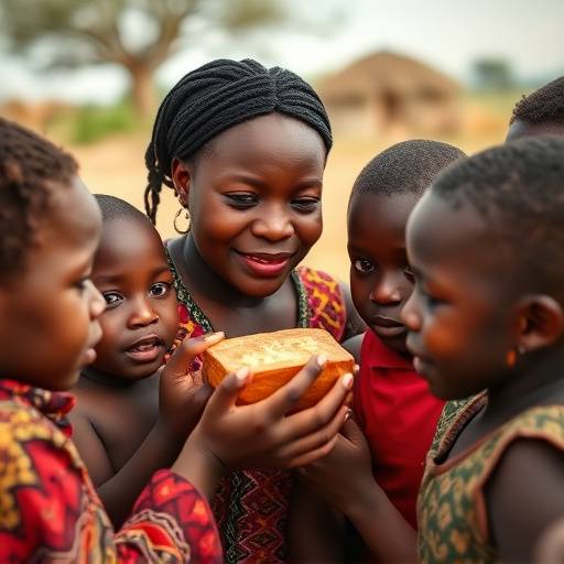Bambini africani che ricevono cibo da un operatore umanitario