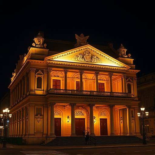 Il Teatro alla Scala di Milano, illuminato di sera.