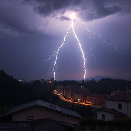 Immagine di una tempesta con forti piogge e fulmini che colpiscono una citt&radic;&dagger; del nord Italia