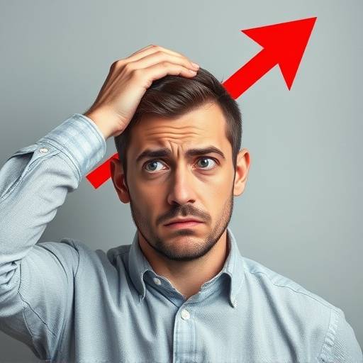 Un uomo che si tiene la testa preoccupato di fronte a un grafico con una freccia rossa che sale