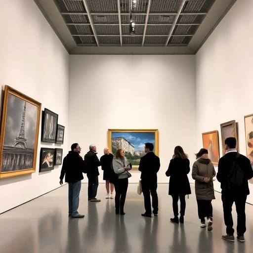 Una galleria d'arte moderna a Milano, con persone che ammirano le opere esposte.